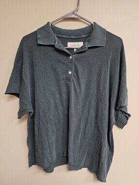 The GREAT. Oversized Boxy Cropped Polo Raw Hem Distressed Shirt Green Size 0/XS